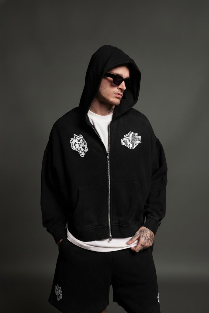 Harley-Davidson Wolves Vex Double Zip Hoodie in Black Drift Wash