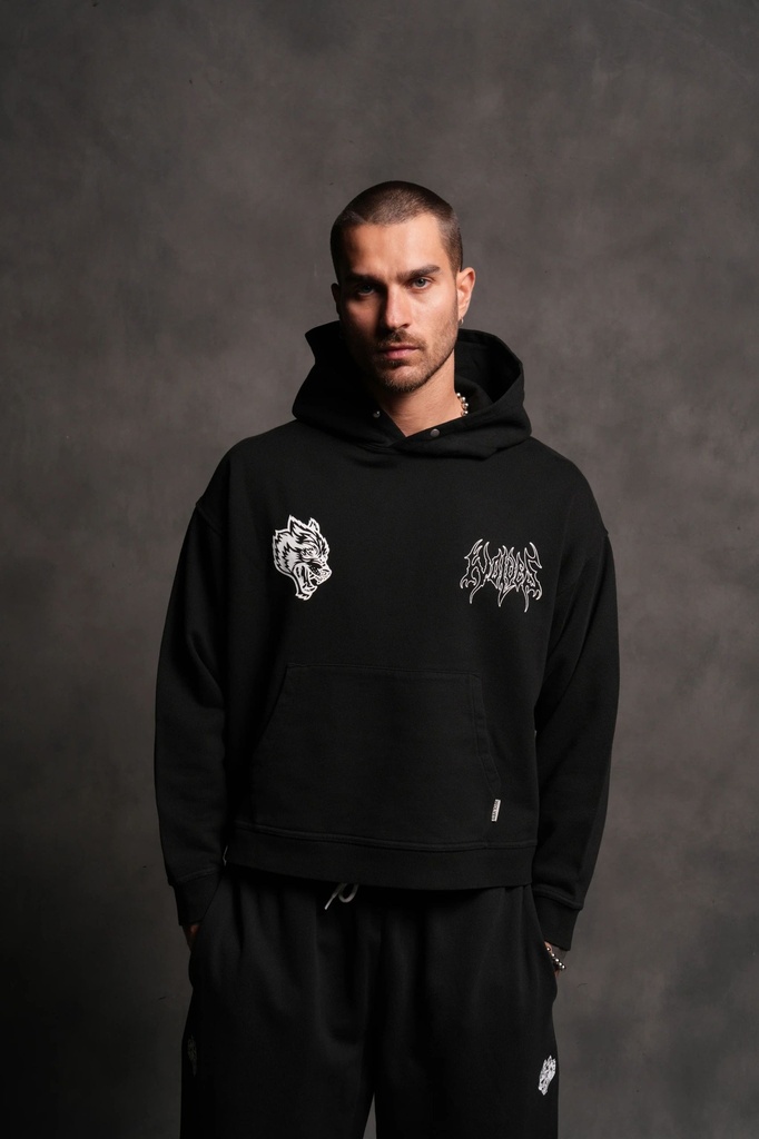 WOLF HESH FRVR "GRUNGE" BOX CUT HOODIE IN BLACK