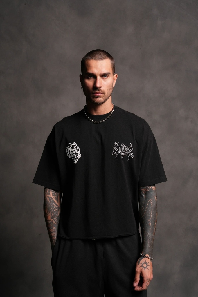 WOLVES HESH FRVR GRUNGE RAW HEM "BOX CUT" TEE IN BLACK